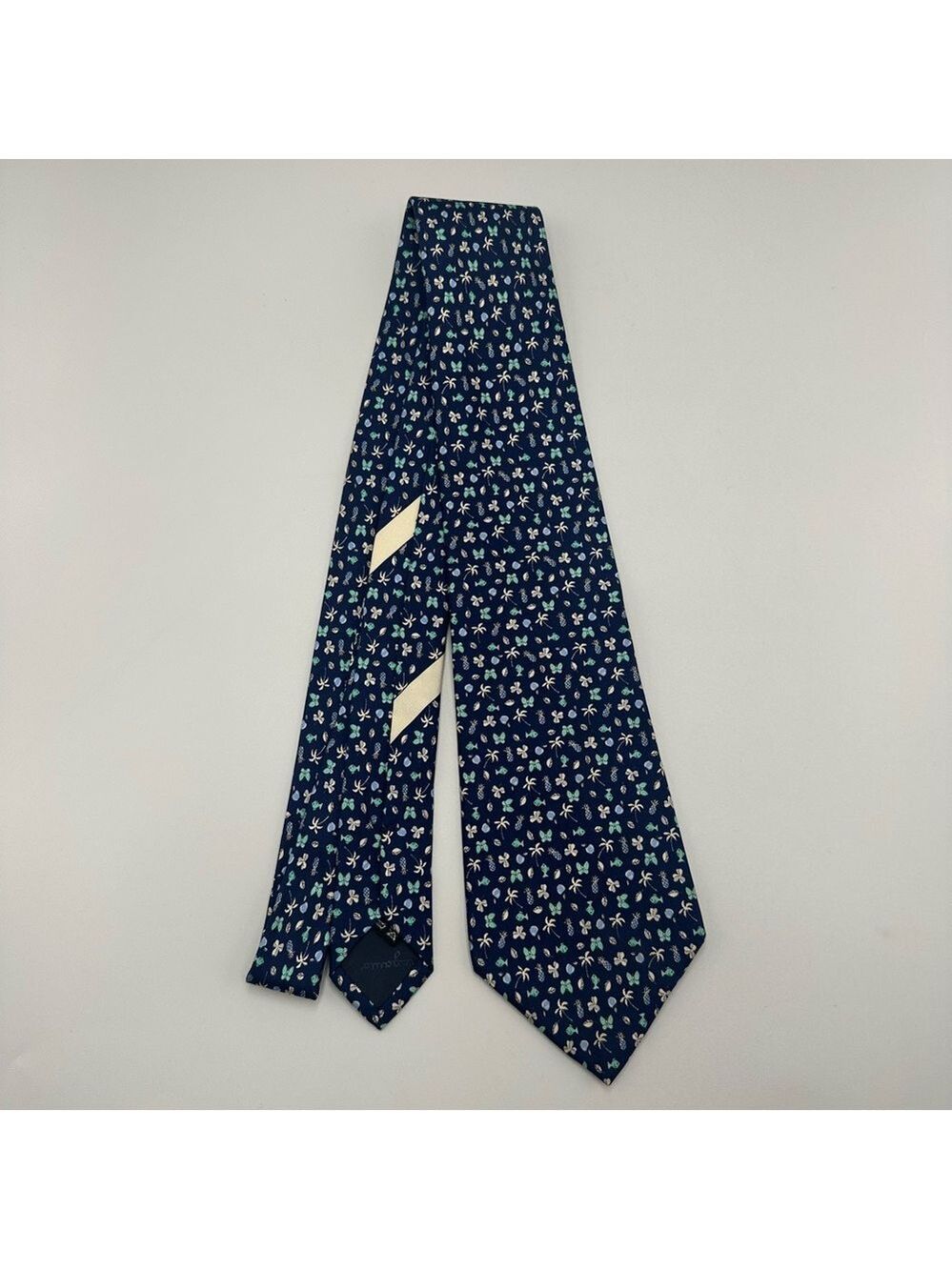 Ferragamo Silk Tie Blue with Palm Trees Butterflies Fish Pineapples Apples
